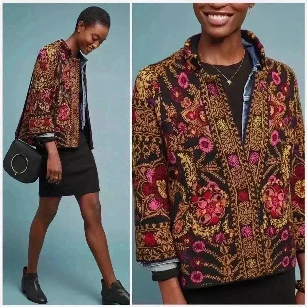 Anthropologie Moth Payton Jaquard Paisley Cardigan‎ Sweater | Pink Black | SZ XS